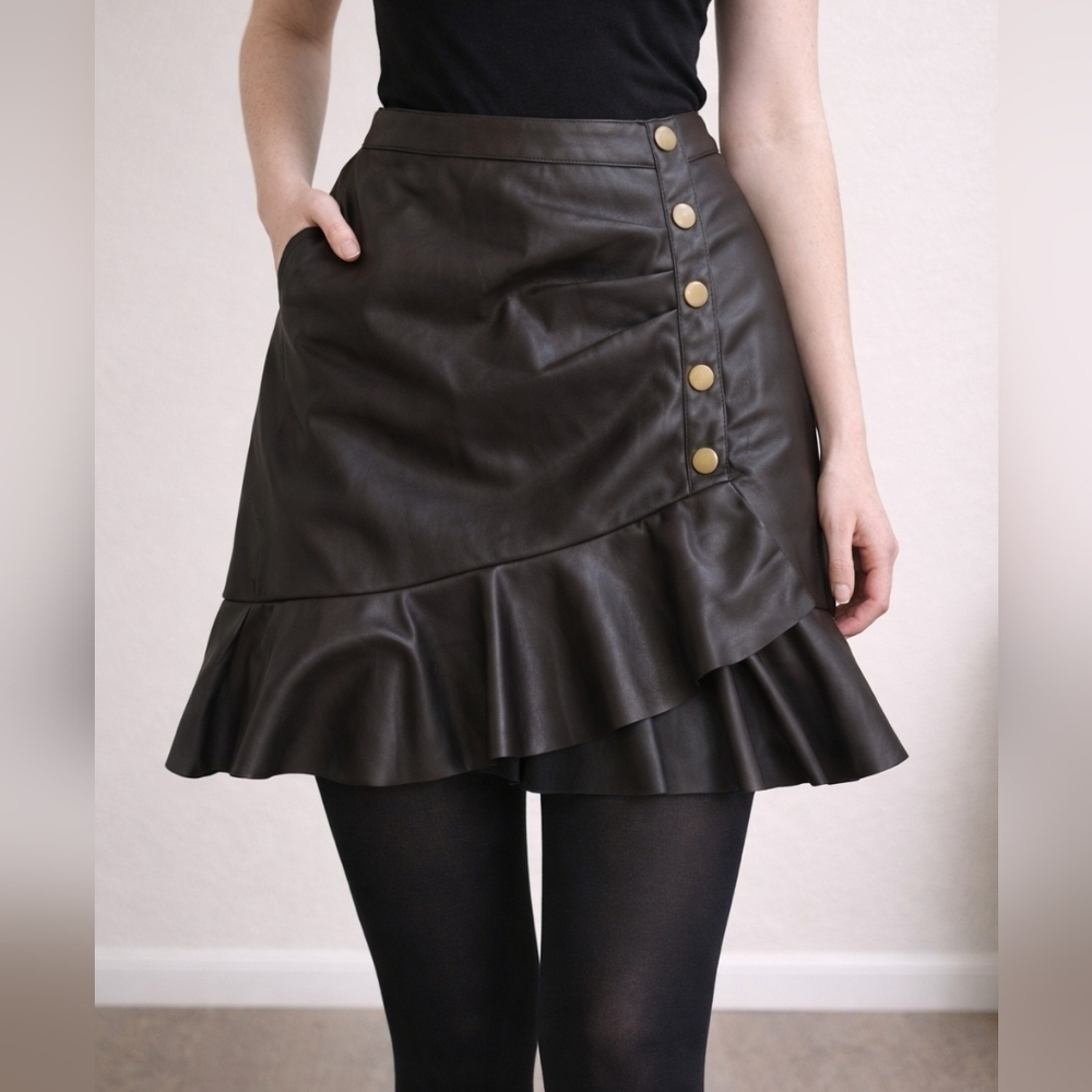 Nicole Miller Brown Ruffle Faux Leather Skirt